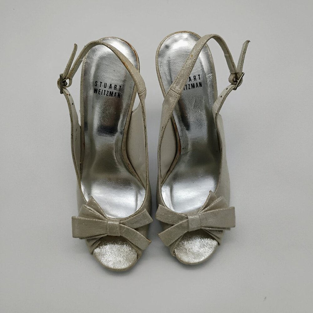 Stuart Weitzman Silver Suede Open Toe Slingback H… - image 8
